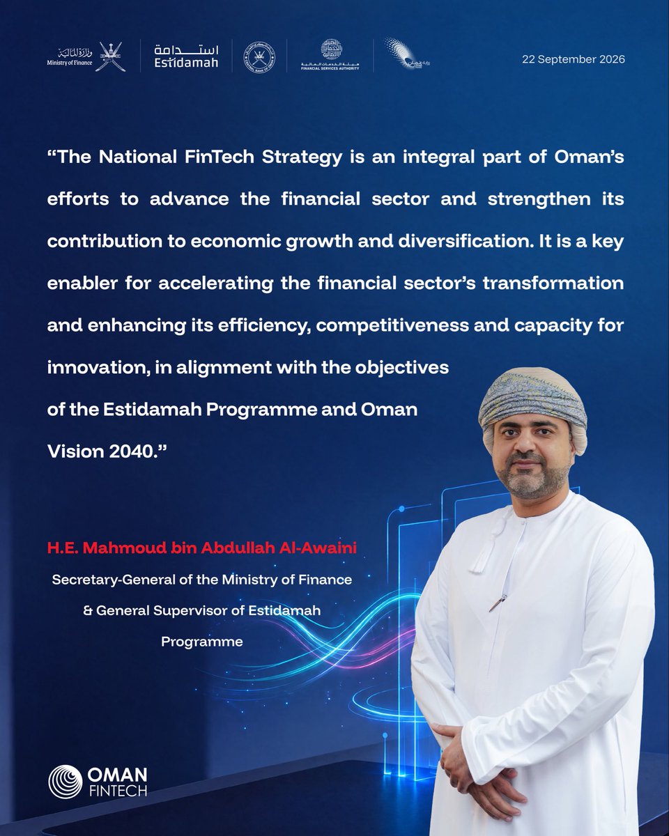 OMAN_MOF's tweet photo. Oman’s National FinTech Strategy is an integral part of national efforts to advance the financial sector and strengthen its contribution to economic growth and diversification.
 
#Digital_Financial_Future #OMAN_MOF