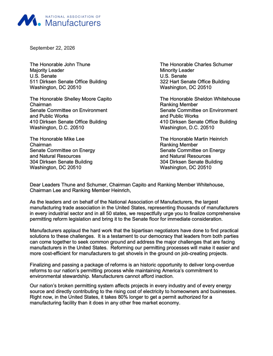 A formal letter on National Association of Manufacturers letterhead, dated September 22, 2026. It is addressed to several U.S. senators and urges them to advance permitting reform legislation. The page contains text only, with the association’s blue logo at the top.