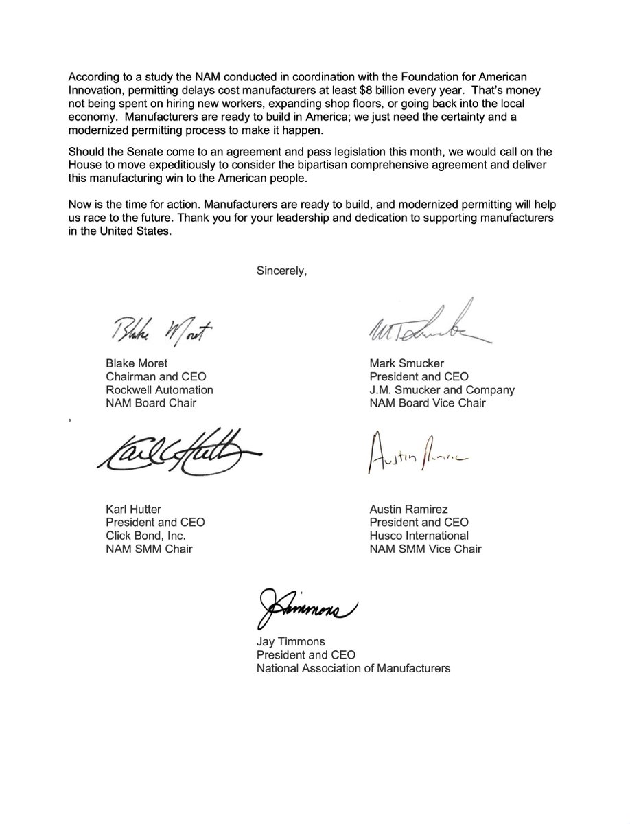 A page from a formal letter advocating for modernized permitting and manufacturing legislation. It contains several paragraphs, a closing, and five handwritten signatures with printed names and titles. There is text throughout.