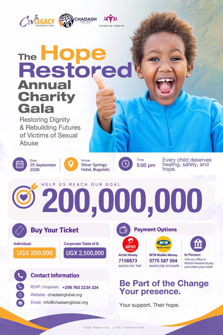 Hashtag_Movers's tweet photo. Every child deserves safety, healing and hope. @CivLegacy_F is joining the Hope Restored Annual Charity Gala to support survivors of sexual abuse and help rebuild futures.
25 Sept | Silver Springs Hotel, Bugolobi
UGX 200K | Table: UGX 2.5M.
#HopeRestored #CivLegacyFoundation https://t.co/CJlR5eP6ts
