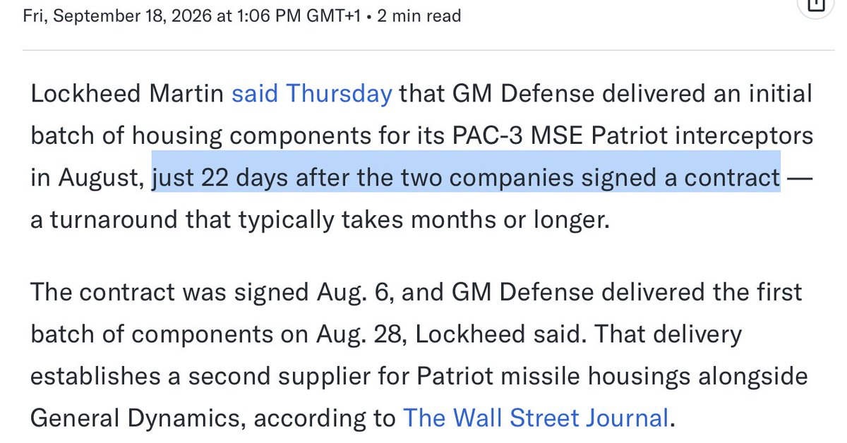MsMelChen's tweet photo. Pretty cool that General Motors was able to retool a car factory to make the outer shells of the Patriot missiles. They've managed to make the delivery to Lockheed just 22 days after signing the contract.   

(22 days!!!!! We still got it...🇺🇸🇺🇸🇺🇸)  

Lockheed says this work normally takes months or years for the previous supplier (General Dynamics) to fulfill.   

There's a strain of neoliberal thinking that says if domestic carmakers can’t compete, they should just be allowed to fail. No bailouts. Just let Japan or China make cars because of comparative advantage or whatever.  

Imagine if we had believed that automobile manufacturing was something to offshore.   

It's now clear that the argument for preserving that industrial base is not simply nostalgia for a previous bygone era. It simply is the case that you cannot improvise precision manufacturing overnight once it has disappeared.