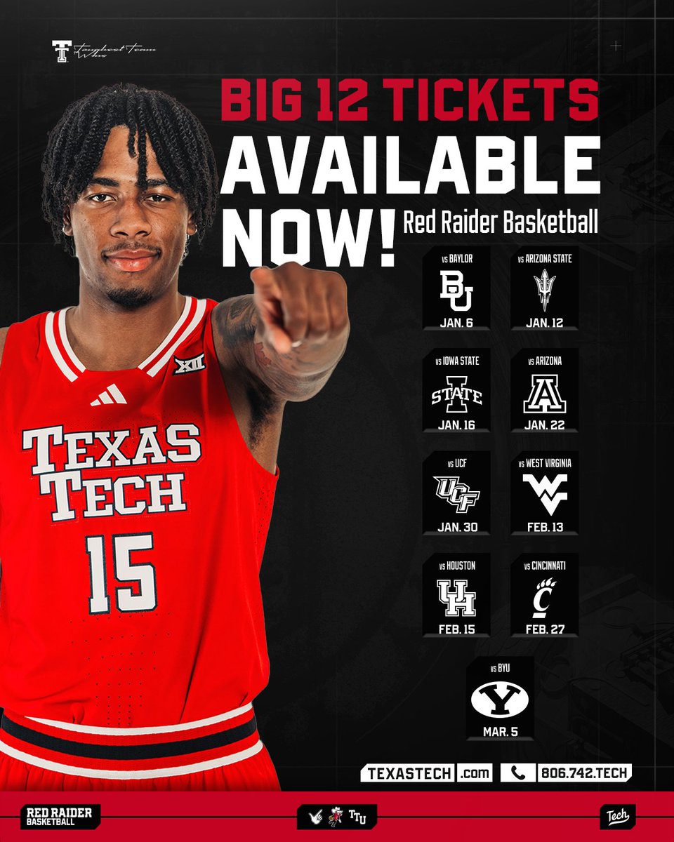 TexasTechMBB's tweet photo. Which Big 12 home game has you most excited?

Tickets are now live: https://t.co/KKqGV9mHQq https://t.co/t2Ygwn024V