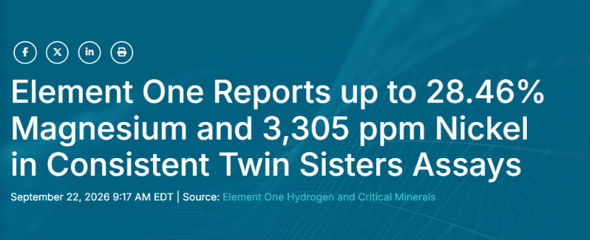 md_rsna's tweet photo. BREAKING: EONE REPORTS 28.46% MAGNESIUM AND 3,305 PPM NICKEL AT TWIN SISTERS

$EONE just dropped a strong assay update.

Twin Sisters returned up to 28.46% magnesium and 3,305 ppm nickel.

Two key battery and industrial metals showing up in the same project keeps this story very interesting.