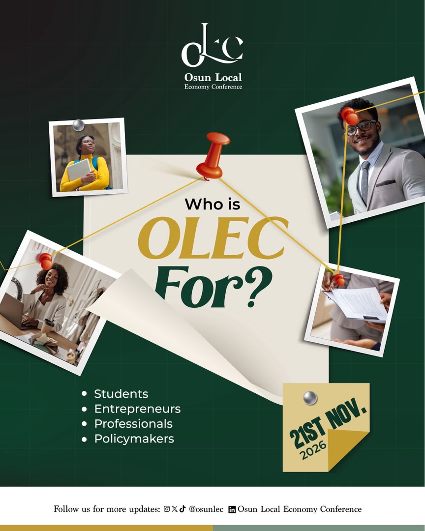 OsunLEC's tweet photo. Is OLEC for you? YES! If you are:
 A student with an innovative business idea
 An SME owner looking to scale
 A professional seeking strategic networks
 A stakeholder committed to Osun’s development
Mark your calendar for November 21, 2026!

#OLEC26 #OsunInnovators #OsogboEvents https://t.co/YsEzlLQSlj