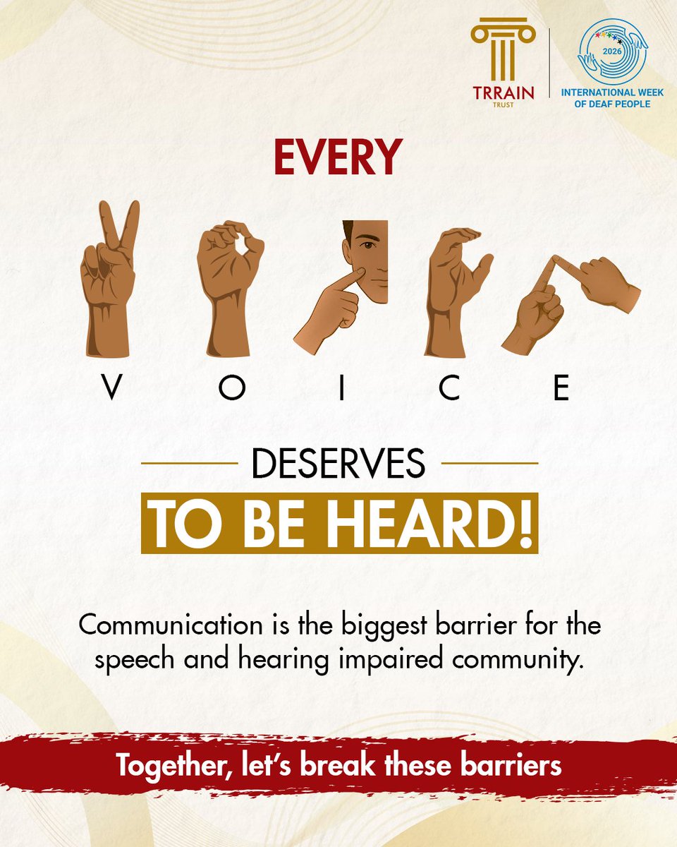 TRRAINindia's tweet photo. We believe inclusion begins with something simple, making sure people have the opportunity to communicate, contribute and be understood.
This #InternationalWeekOfDeafPeople, we're here for you and with you!
#IWDP #shicommunication #communicationbarriers #speechandhearingimpaired https://t.co/jtWI2snaaI