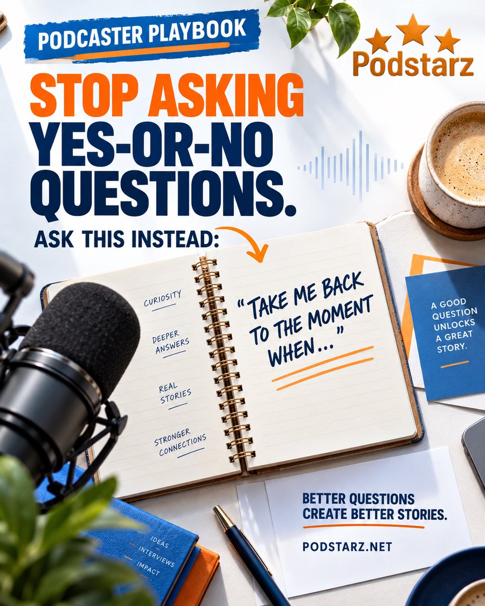 PodstarzTeam's tweet photo. 🎙️ Podcaster Playbook:

Stop asking yes-or-no questions. Instead, try:

“Take me back to the moment when…”

Story-first questions invite deeper answers, stronger emotion and more memorable clips.

Better questions create better stories.

https://t.co/LMeqy9F4Ou

#PodcastTips #Podstarz #connectingtheimpossible #podcast