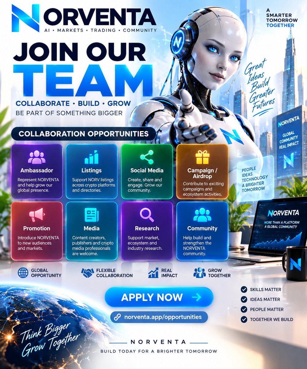 HimaNorventa's tweet photo. 🚀 JOIN THE NORVENTA ECOSYSTEM

NORVENTA is expanding — and we're opening new opportunities for talented, motivated people around the world to contribute to our growing ecosystem.

We are currently welcoming applications across:

🌍 Ambassadors
📊 Listings
📱 Social Media
🎯 Campaigns & Airdrops
📣 Promotion
📰 Media
🔎 Research
🤝 Community

Whether you're a Web3 professional, researcher, community builder, content creator, listing specialist, promoter, or simply believe you can bring real value to NORVENTA — we want to hear from you.

Selected contributors can work directly through the NORVENTA Opportunities system, with dedicated roles and workspace access based on their activities.

Ready to contribute?

Apply through NORVENTA Opportunities:
https://t.co/j252hE1Tga

Build with purpose. Grow together. Think bigger.

#NORVENTA #NORV #Web3 #CryptoJobs #Ambassador #Community