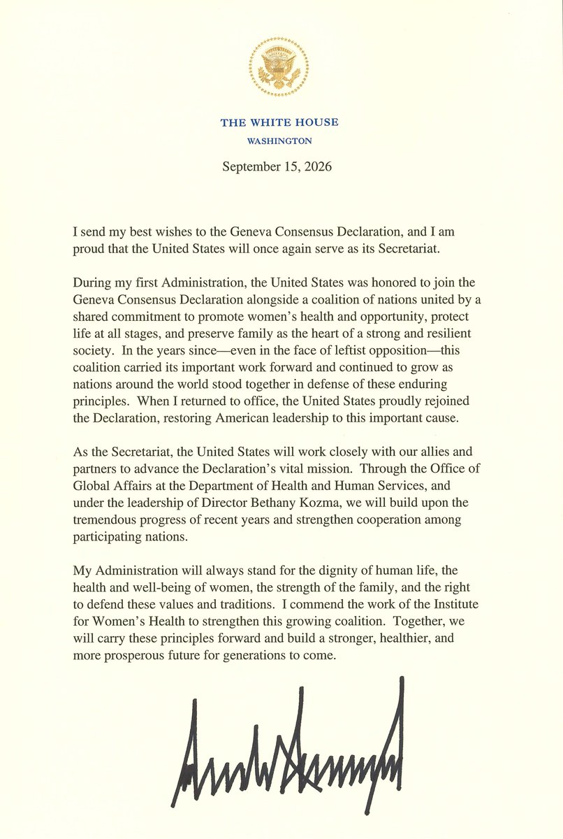 HHS_Global's tweet photo. An incredible honor. @POTUS’s message reaffirms US leadership as Secretariat of the Geneva Consensus Declaration. Director Kozma and the @HHSGov Office of Global Affairs are proud to carry this mission forward—for women’s health, life, and the family. We hope others will join us. https://t.co/RmF5LLdRlO