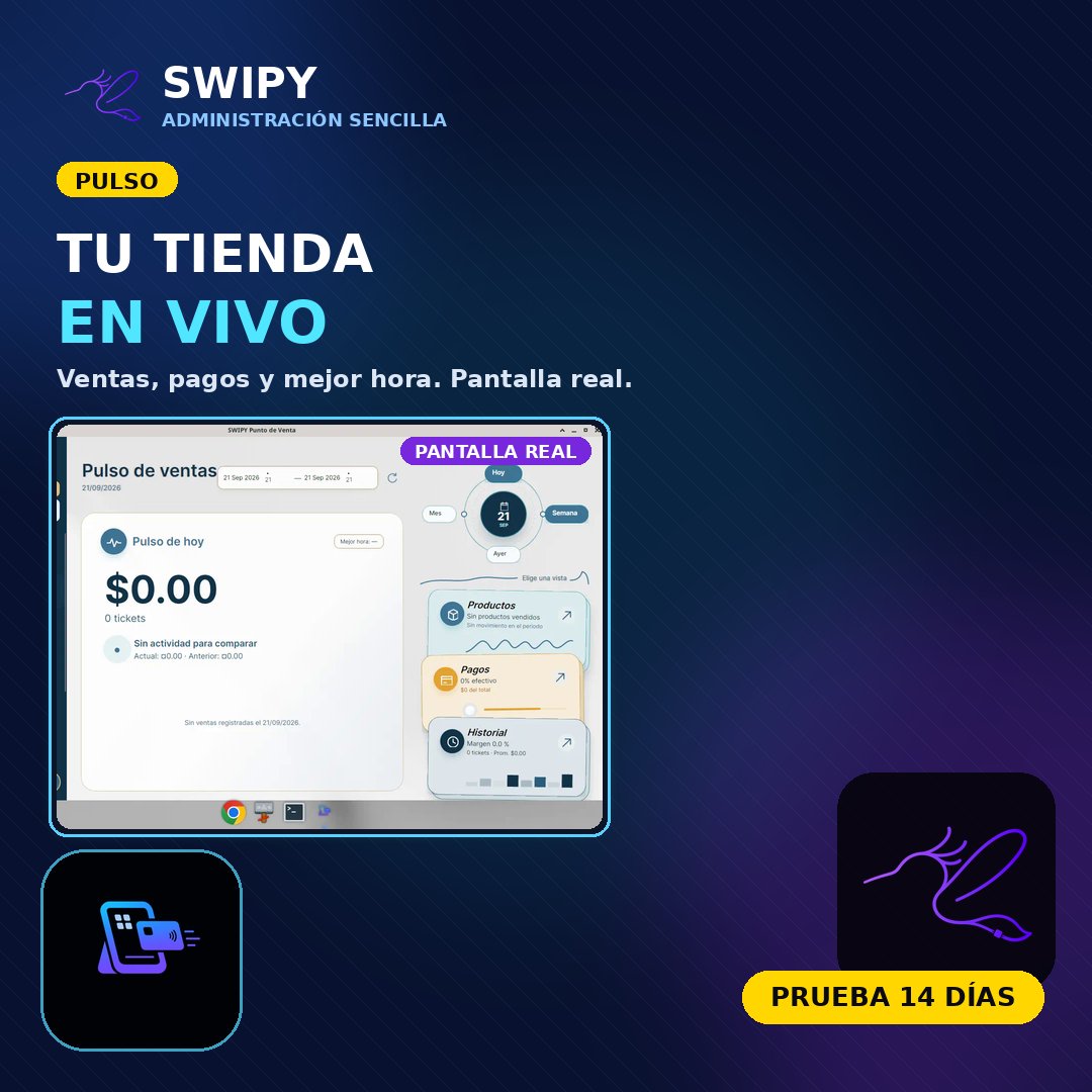 Swipy_app's tweet photo. Pulso de tu tienda.

Ventas, pagos y mejor hora.
En una sola vista.

Prueba gratis 14 días.

#SWIPY #POS #Mexico https://t.co/LYmU6suq4s