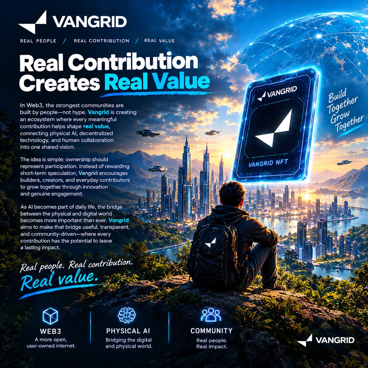ALLoman8's tweet photo. @vangrid_io
Real Contribution Creates Real Value
In Web3, the strongest communities are built by people not hype. Vangrid is creating an ecosystem where every meaningful contribution helps shape real value, connecting physical AI, decentralized technology, and human collaboration into one shared vision.

The idea is simple: ownership should represent participation. Instead of rewarding short-term speculation, Vangrid encourages builders, creators, and everyday contributors to grow together through innovation and genuine engagement.

As AI becomes part of daily life, the bridge between the physical and digital world becomes more important than ever. Vangrid aims to make that bridge useful, transparent, and community-driven where every contribution has the potential to leave a lasting impact.

Real people. Real contribution. Real value.