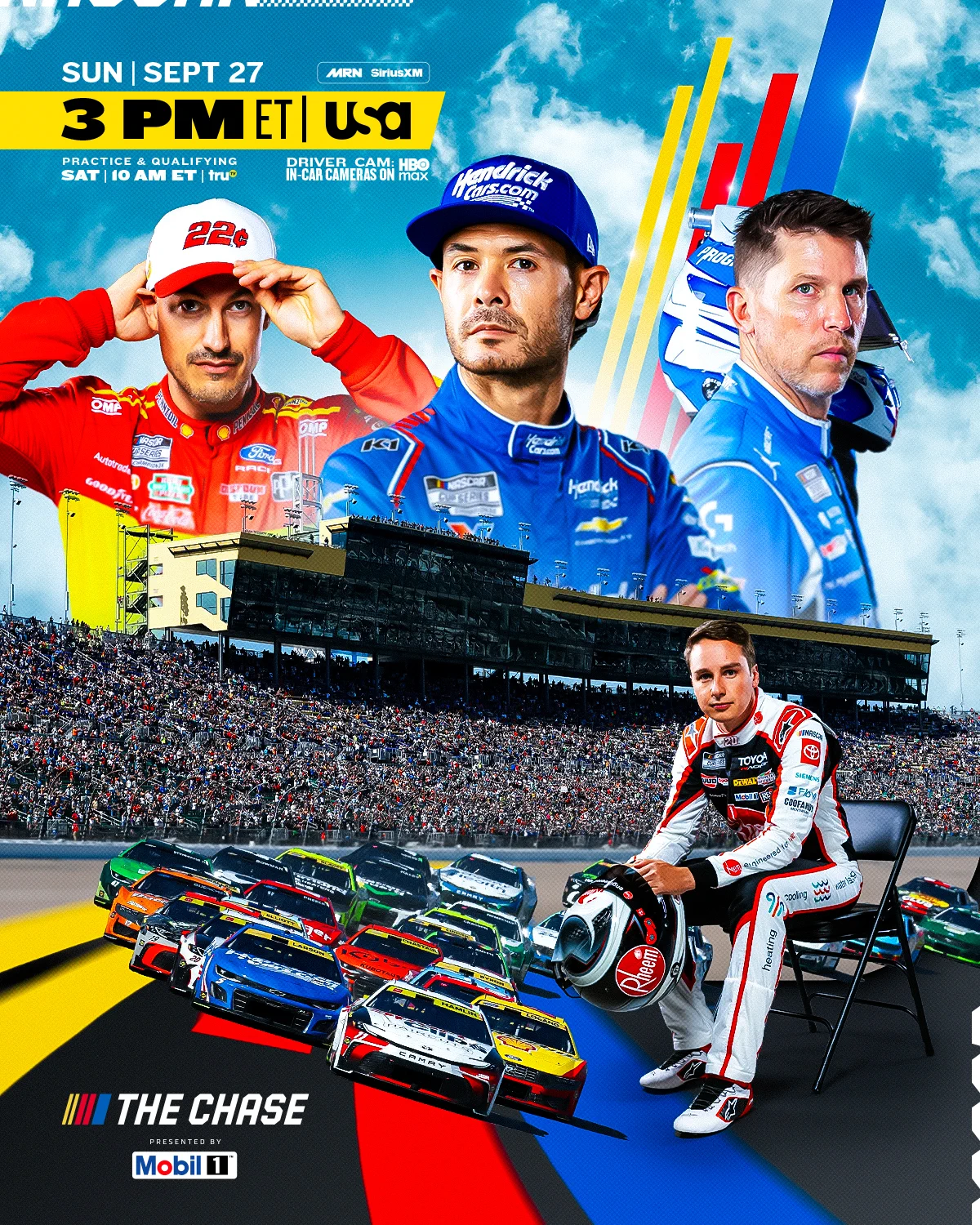 A tune-in graphic for the NASCAR Cup Series race at Kansas Speedway. The graphic reads, "SUNDAY. 3 p.m. ET. USA Network. MRN. SiriusXM Radio."
