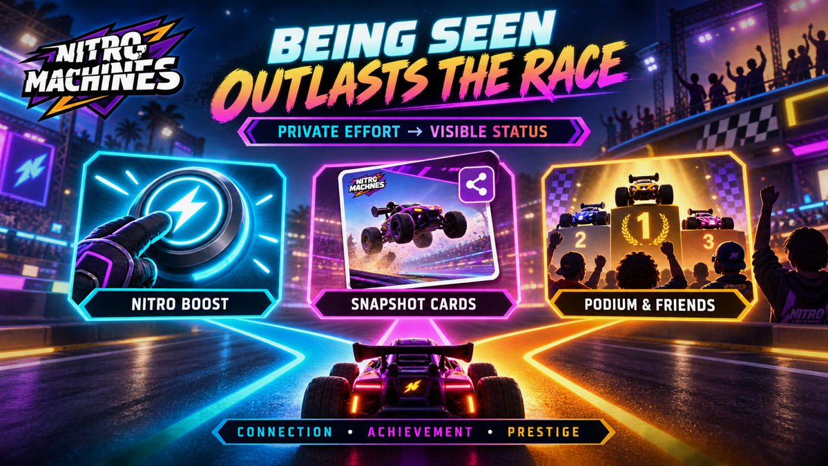 nitromachines's tweet photo. Winning ends when the timer stops. Recognition can last much longer.

Nitro’s social design turns private effort into visible status through three surfaces: Nitro Boost, Snapshot Cards, and Podium &amp; Friends.

The goal is simple: 
Make the next race worth being seen. 🧵 https://t.co/uLVMPPtm4x
