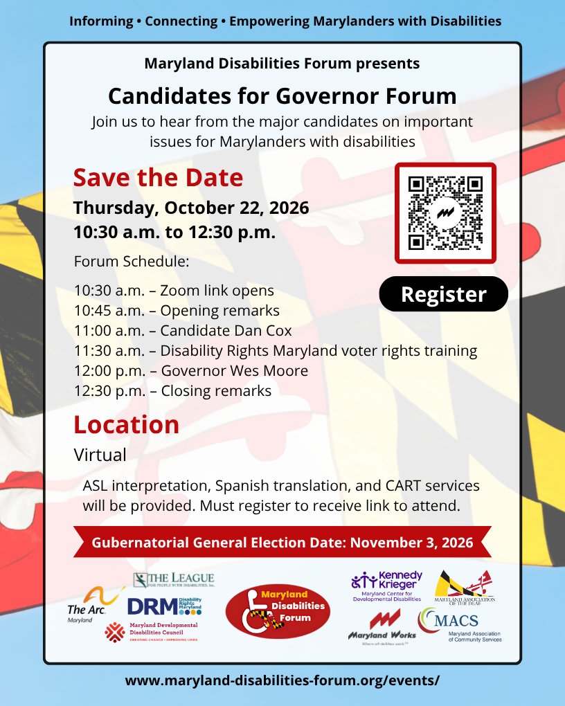 MDGOVODDBHH's tweet photo. Your Vote, Your Voice Matter

Maryland Disability Forum presents Candidates for Governor Forum. Join us to hear from the major candidates on important issues for Marylanders with disabilities.

ASL interpretation, Spanish translation, and CART services will be provided. https://t.co/Fvqg3PEu0A
