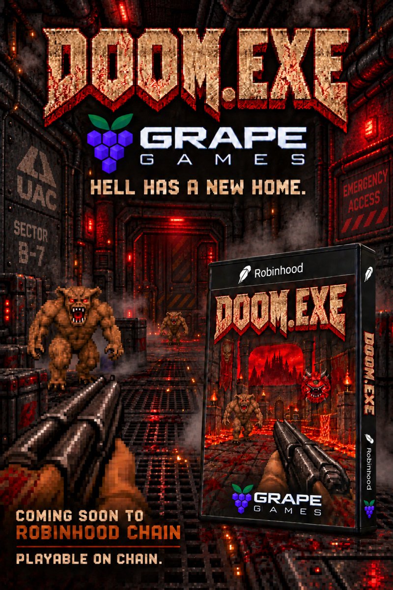 grape_finance's tweet photo. 🔥HELL HAS A NEW HOME 🔥

DOOM.EXE is coming to @RobinhoodCrypto
Deployed on chain, immutable forever.

24 enemies. No easy exit. Kill them all, speed run the clock, and compete for the daily trading-fee prize pot.

Load from chain. Leave nothing standing. https://t.co/LOyH79LwXV