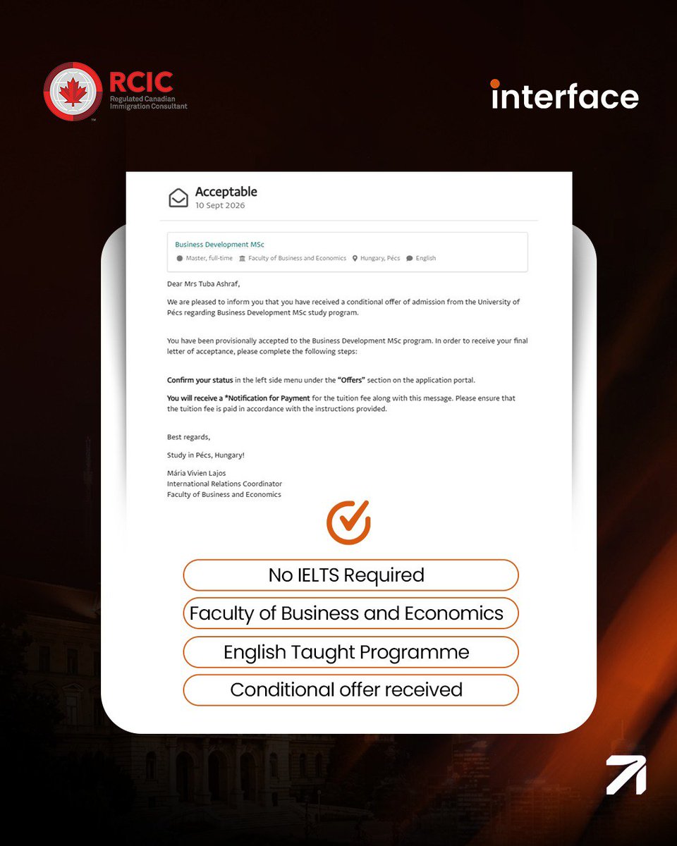 theinterfaceltd's tweet photo. Tuba Ashraf receives a conditional offer for the MSc Business Development programme at the University of Pécs in Hungary. The post highlights her transition from DPT to Business Development. https://t.co/198UOBSRHR
