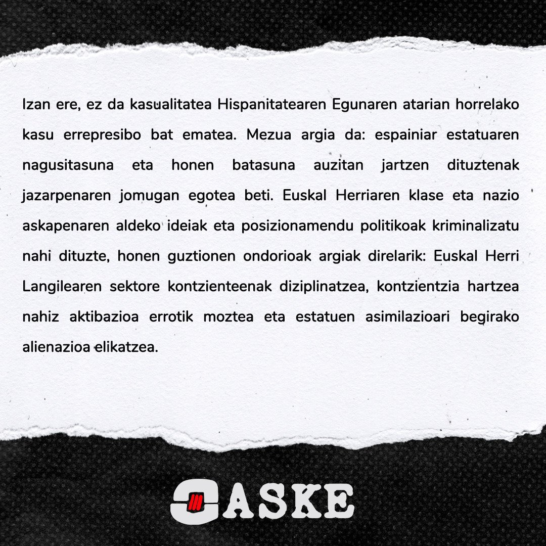 aske_eh's tweet photo. Gaur goizaldean Iruñerrian emandako atxiloketen harira ASKE Antolakundearen oharra. 

ATXILOTUAK ASKATU!

INDAR ERREPRESIBOAK SUNTSITU! https://t.co/eRofLeJcbs