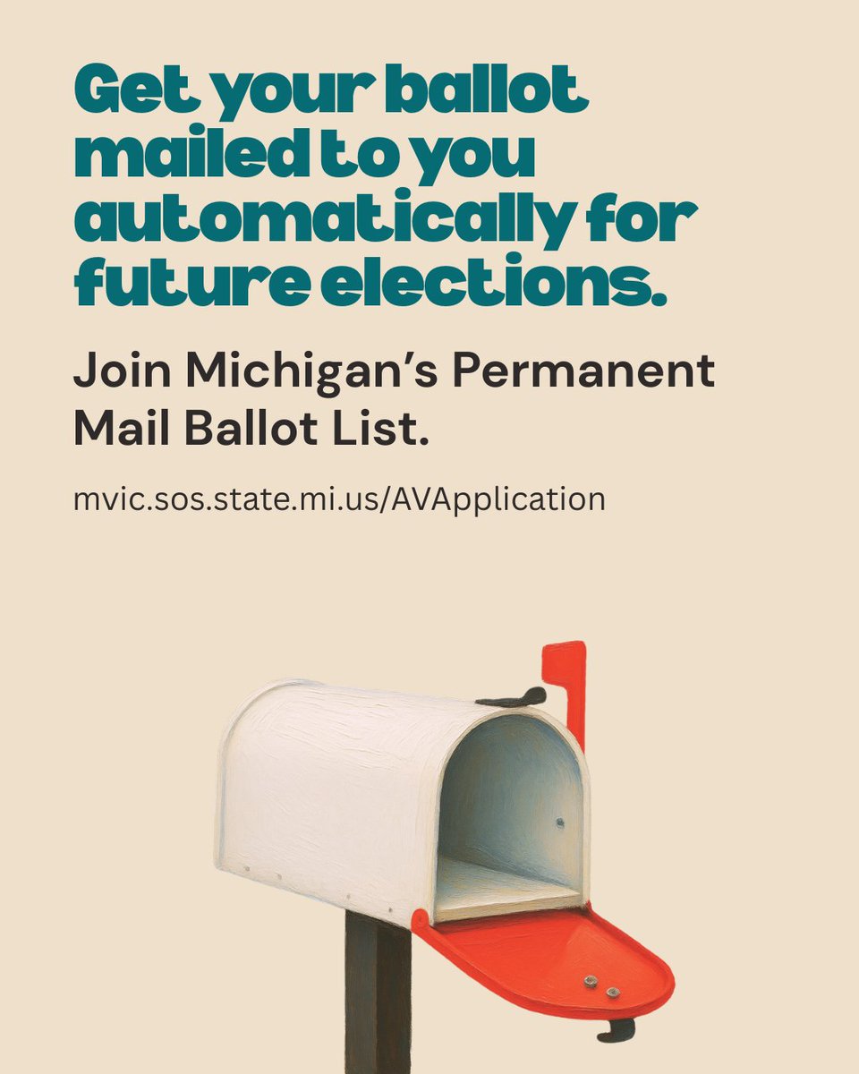dmclansing's tweet photo. Want to make voting feel a little less complicated? 
Join Michigan’s Permanent Mail Ballot List, and you’ll automatically receive an absentee ballot by mail before each election. https://t.co/CkZg5RNEXP https://t.co/acxz9q9fi3