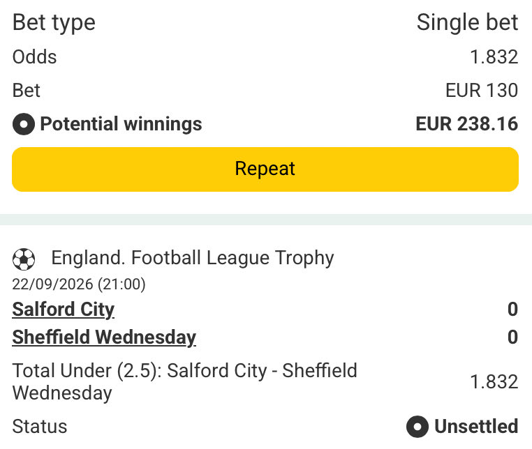dydbetting's tweet photo. ⚽️ LIVE-BET - FOOTBALL
🏴 Salford City vs Sheffield Wednesday
👉 Under 2.5 goals @ 1.83
#DoubleYourDay #EFLCup #LiveBet #Betting #Football
More live tips: https://t.co/x3GKvMF7dQ https://t.co/3W0Vzzvf6Q