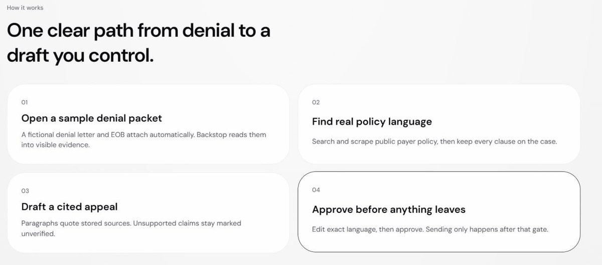 mcgoldrush's tweet photo. Built Backstop for the #AllGasHackathon: upload a messy insurance denial and get a cited appeal grounded in the insurer's own policy. Nothing sends until you approve.
@convex @OpenAI @firecrawl @agentmail
https://t.co/3bcyzrJMbs https://t.co/VdINjepjog