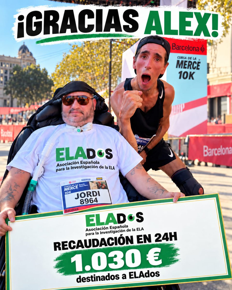 pons_sabate's tweet photo. Gracias a la existencia del gran @alexroca91 y a su inseparable mujer @McarmeMaza, recaudamos 1.030€ para @elados_asoc y dando visibilidad a la ELA en la Cursa de la Mercè en Barcelona.

Podéis seguir donando al Bizum 12239 (seleccionar opción ONG) o por la web https://t.co/wOXutnUYft para financiar proyectos de investigación contra la ELA del @VHIR_