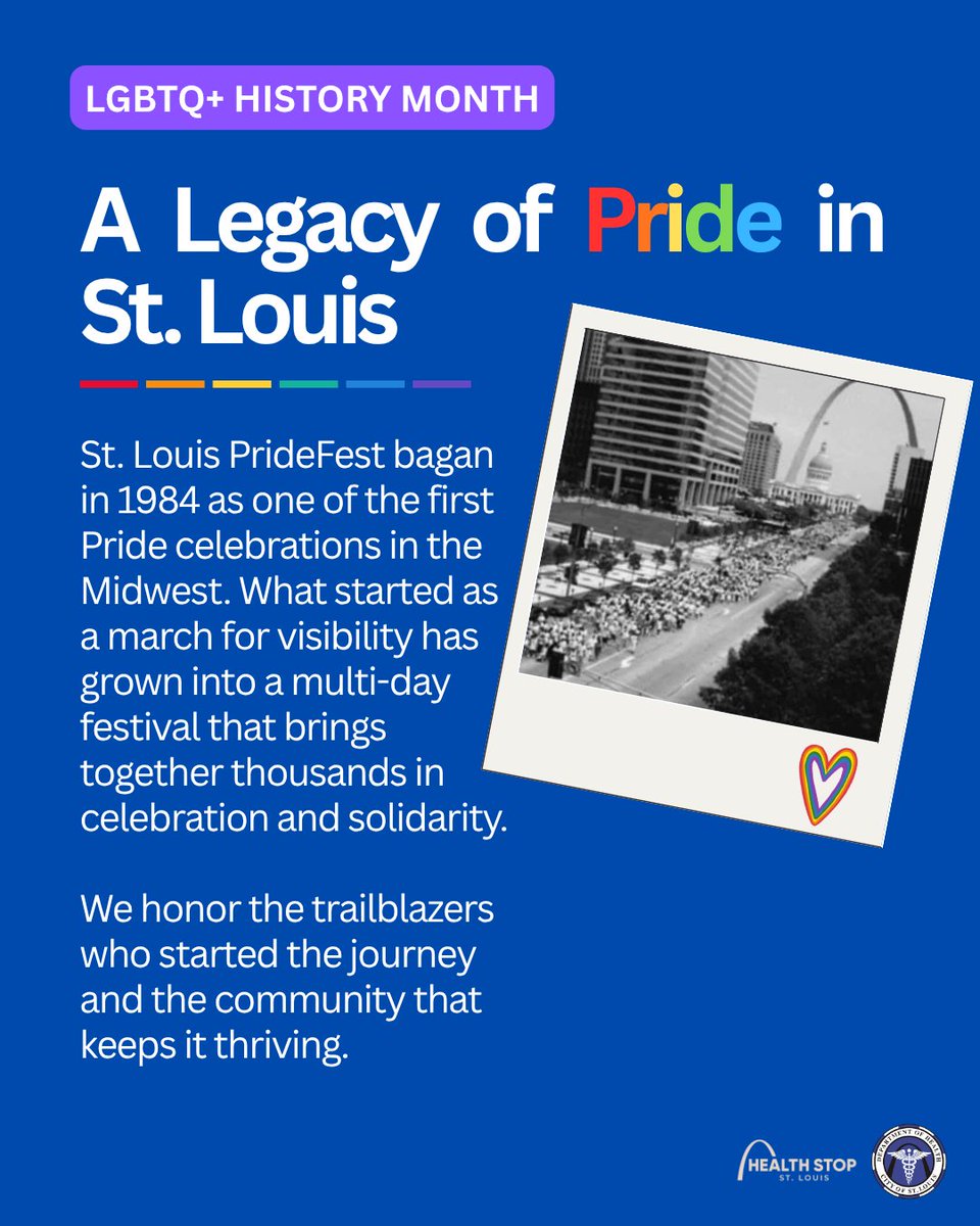 HealthStopSTL's tweet photo. Pride in St. Louis was built by people who showed up, spoke out, and created space for community. 🏳️‍🌈 This #LGBTQHistoryMonth, we honor the trailblazers who helped make LGBTQ+ visibility and Pride part of our city’s story.
#STLHistory #LGBTQSTL

@CityofSTLDOH https://t.co/8OXWMonQvf
