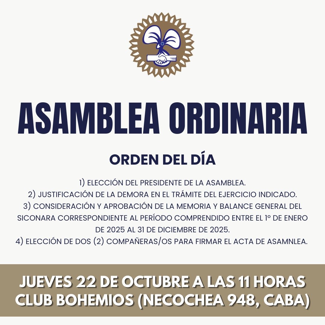 siconaraok's tweet photo. 𝗔𝗦𝗔𝗠𝗕𝗟𝗘𝗔 𝗢𝗥𝗗𝗜𝗡𝗔𝗥𝗜𝗔

Convocamos a todas las compañeras y compañeros a participar de la Asamblea Ordinaria, que se realizará el jueves 22 de octubre a las 11:00 hs. en el Club Bohemios, ubicado en Necochea 948, CABA. https://t.co/ZLXRZ8UMMs