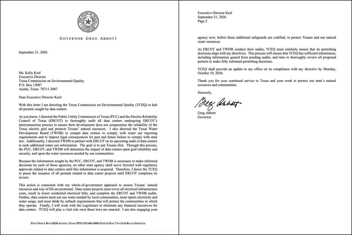 Agrippa_Inv's tweet photo. $IREN: Abbott’s New Data Center Halt

Texas Governor @GregAbbott_TX escalated his crackdown on data centers again yesterday, directing TCEQ to pause new air and water permits tied to data center development until ERCOT completes its ongoing audit of large loads.

At first glance, this obviously reads bearish for Texas data center developers.

After digging into $IREN's position specifically, though, I think the actual impact on the company is close to a nothing burger.

Starting with Childress, TCEQ records show active construction stormwater coverage, no pending preconstruction air permits, and one open Title V operating permit that was filed in August.

That last filing sounds more concerning than it really is. Title V is an operating permit that consolidates the site’s existing air obligations, and once a complete application has been filed, the application shield allows the facility to continue operating while TCEQ works through the process.

So even if Abbott’s directive delays the final issuance of that permit, it should not prevent Childress from continuing to operate or build.

The backup generator fleet also appears to be authorized through Texas’ permit-by-rule framework, which would explain why there are no individual preconstruction air permits sitting in TCEQ’s queue for the freeze to catch.

In other words, I currently struggle to find anything at Childress that this new directive materially disrupts.

Sweetwater is where there is at least some real regulatory exposure, but even there I think the headline sounds considerably worse than the underlying situation.

The 2 GW campus already made it into ERCOT’s Batch Zero under the much stronger Base Load classification, and the main remaining gate is the ongoing verification process before future load can be energized.

ERCOT currently expects to finish that process in December, with its Batch Zero verification report due by December 10.

Meanwhile, the major AI capacity at Sweetwater 1 isn’t targeted to come online until Q4 2027.

So even if this process costs $IREN a few months on certain approvals, there is still a very large buffer between where we are today and when the capacity is actually supposed to be delivered.

Obviously, that changes if December turns into March, March turns into June, or the state starts adding entirely new hurdles after the audit. But based on what we know today, I don’t see a temporary pause measured in months materially changing the Sweetwater timeline.

The temporary nature of this latest move is also worth keeping in mind.

TCEQ has to report back to Abbott by October 19, while ERCOT’s audit is expected to wrap up in December. The freeze is tied to that process, so this is not currently an indefinite moratorium on Texas data center development.

There is also a political element here that I think is difficult to ignore.

Data centers have become an increasingly easy target in Texas over electricity prices, water usage and public infrastructure costs, and Abbott has repeatedly stepped up the rhetoric over the past couple of months.

The US midterm elections are on November 3, with Abbott himself up for re-election.

My read is that a meaningful portion of what we are seeing right now is political posturing into the election. The incentive to keep escalating falls considerably once the vote is over, while the ERCOT audit provides a natural path toward de-escalation only a few weeks later.

That doesn’t mean the broader regulatory shift should be ignored.

For $IREN, though, the real risk is more about additional permitting friction, audits and political intervention slowing projects down than some sudden change in project economics.

Texas has been $IREN's bread and butter for years, well before the current AI boom, and I doubt many operators know how to navigate the state’s permitting, grid and local stakeholder environment better than this management team.

Add to that the company’s track record as a strong community steward, which I laid out in yesterday’s post, and I think $IREN enters this new regulatory climate from a much stronger position than most developers.

But there is another side to that equation for companies already well positioned.

Every earlier-stage project that gets delayed by this process is capacity that arrives later into an already tight compute market.

If competing projects slip while $IREN continues building on schedule, the scarcity value of its existing infrastructure and advanced pipeline only increases. Less capacity reaching the market, all else being equal, also supports rental pricing for the compute that does.

So there is a scenario where Abbott’s crackdown ends up being marginally positive for the developers that entered this process years ahead of everyone else.

And that is largely where $IREN sits today.

One final point concerns IR.

This should be an incredibly easy win for the company. Put out a short statement explaining what, if anything, the new directive changes at Childress and Sweetwater, then reaffirm the relevant construction timelines.

So while the headline reads bearish, $IREN's actual position appears much stronger.

Leaving that gap for investors to fill with their own assumptions would be another completely avoidable own goal.

@danroberts0101 @MikePowerX