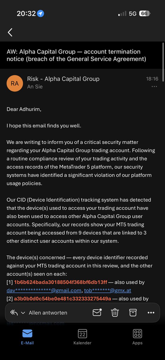 adhufx's tweet photo. @AlphaCapitalUK  permanently banned me, claiming your CID/device tracking system detected that devices used for my MT5 account were also used by 3 other ACG users.

I want to make this absolutely clear: I have NEVER accessed, managed, traded or shared any of these accounts. I do not know these people and I have never used anyone else’s ACG account.

I trade ONLY my own account, from my own mobile phone. I have used the same email address for years and I recently completed my KYC verification.

I also downloaded MT5 through the App Store using the same Apple/App Store account and email address connected to my ACG account.

What makes this even more frustrating is that I recently spent around $400 on another account, passed Phase 1 and Phase 2, and requested another payout. I have had $40K+ in payouts, while around $20K in recent payout requests were denied. I accepted those previous decisions because I understood they were related to my own trading mistakes, including news-related trading.

But accusing me of using other people’s accounts or manipulating evaluations is completely different — and it is simply NOT TRUE.

I am completely open to a FACE CALL with ACG and will provide any verification necessary to prove that I am the person trading my account. I have nothing to hide.

If your decision is based on device matching, I want a proper manual investigation and an explanation of the actual login times, IP addresses, locations and evidence showing that I personally accessed these other accounts.

What makes this situation even more disappointing is that I have always been satisfied with Alpha Capital Group. Whenever I spoke with other traders, I recommended ACG because I genuinely had a good experience with the company and believed everything was going well.

I supported ACG and recommended the company to other traders because of my positive experience. That’s why being permanently banned now over something I have never done is extremely frustrating and disappointing.

@AlphaCapitalUK  please contact me directly. Nobody is responding to my emails. I am asking for one thing: a fair manual review, clear evidence and a direct conversation.

I am ready for a face call and ready to prove that I have done nothing wrong.

Please help me

@PropFirmMatch @Propfirm @PropFirmMedia @propfirmeye @PropFirmJournal @AlphaCapital888
