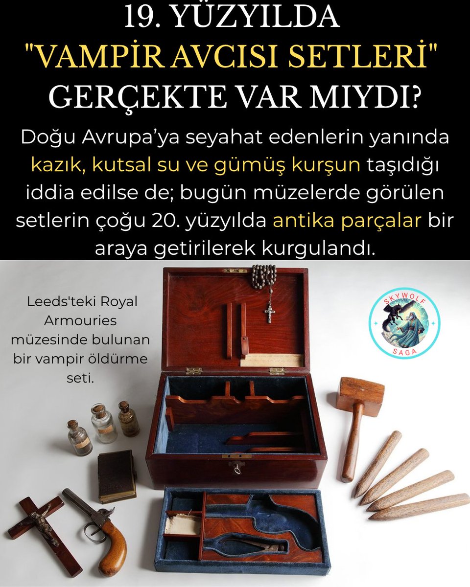 SkywolfSaga's tweet photo. ⚔️ BİR VAMPİRİ DURDURMAK İÇİN NELER GEREKİRDİ?
Doğu Avrupa'ya seyahat edenlerin yanında gümüş kurşun ve kazık taşıdığı iddia edilse de; müzelerdeki maun "Vampir Avcısı Setleri", 20. yüzyılda antika parçalar birleştirilerek kurgulanmış gotik birer mizansendir.   
#vampir #tarih https://t.co/BRNHW1PbR5
