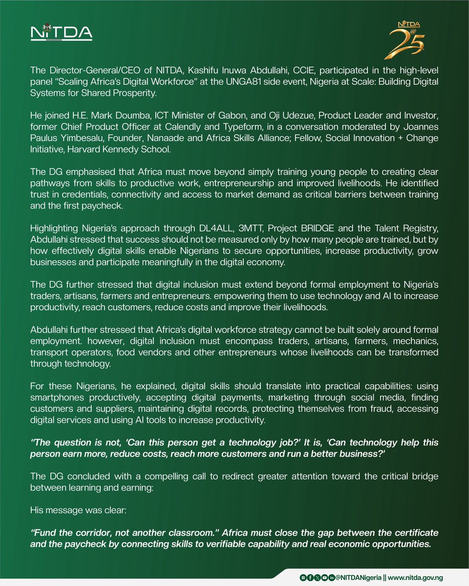 NITDANigeria's tweet photo. FROM SKILLS TO OPPORTUNITY: NITDA DG CHAMPIONS AFRICA’S DIGITAL WORKFORCE AT UNGA81 https://t.co/GDmNYgoyaS