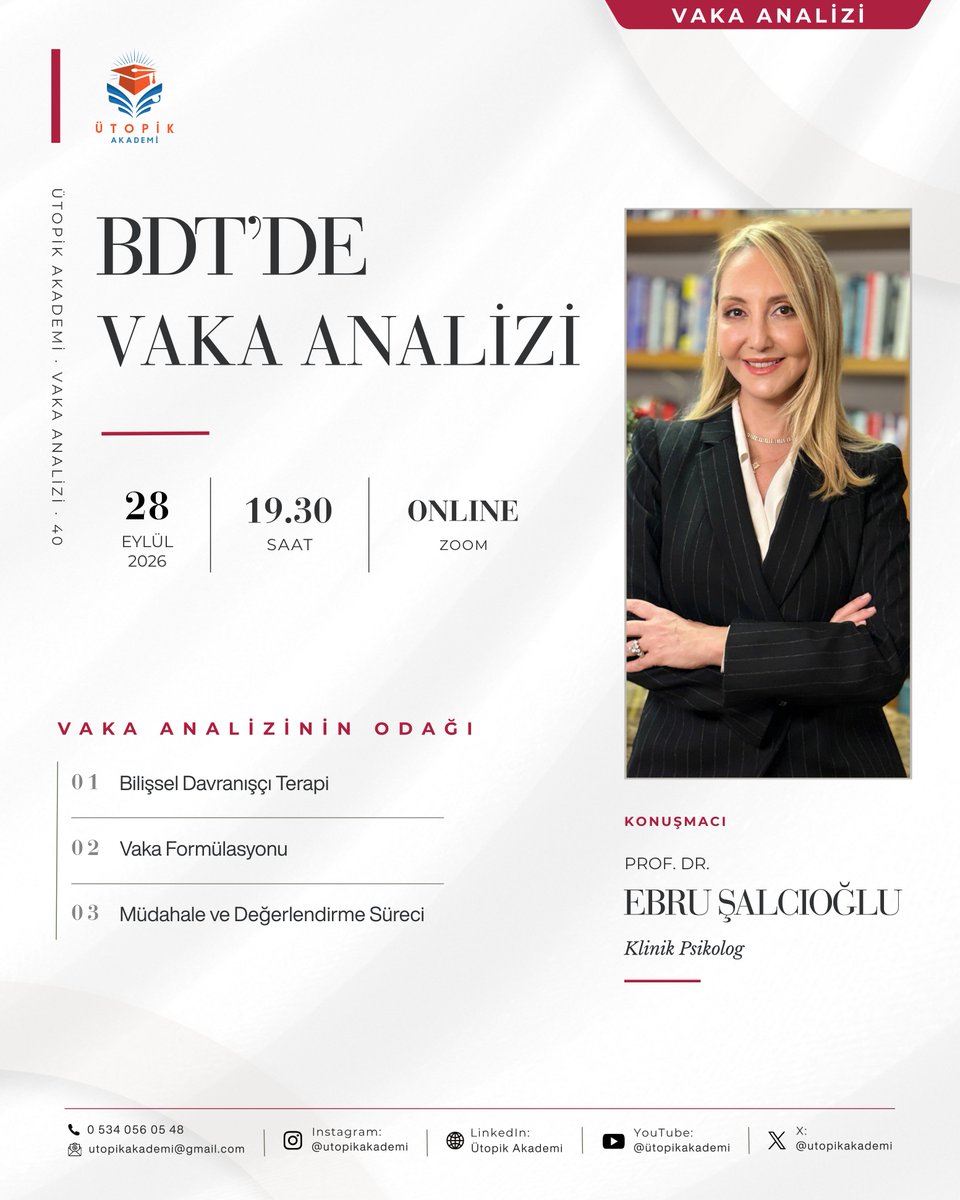 utopikakademi's tweet photo. Herkese merhaba! Yeni "vaka analizi" etkinliğimizle sizlerleyiz.

💬 "BDT’de Vaka Analizi"
🎙️ Prof. Dr. Ebru Şalcıoğlu
🗓️ 28.09.2026, Pazartesi
🕙 19.30
📍 Zoom
🎟️ Katılım Ücretsizdir
🎓 Ütopik Akademi Onaylı E-Belge
⏳ Kontenjan sınırlıdır

Başvuru formu: https://t.co/alMeMm1HVl https://t.co/uQZke3ZNTh
