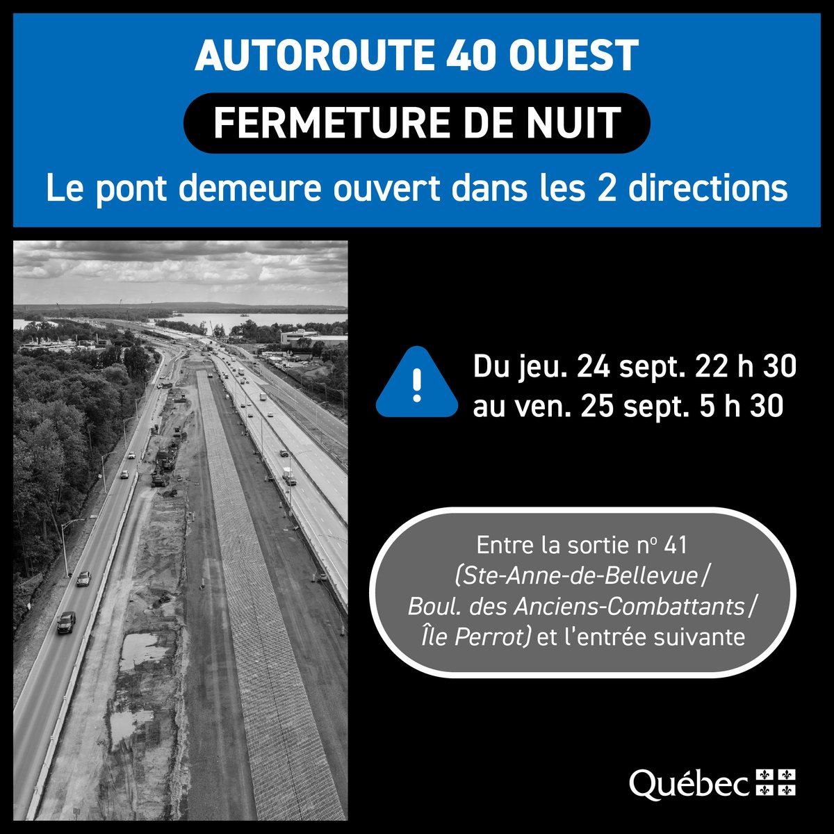 Projets_PIAT's tweet photo. ‼️ Fermeture de nuit de l’A-40 en direction ouest, à Senneville – 24 au 25 septembre ‼️

Des travaux de marquage de la chaussée entraîneront la fermeture complète de l’autoroute 40 en direction ouest à Senneville. https://t.co/Ou8erURX1o