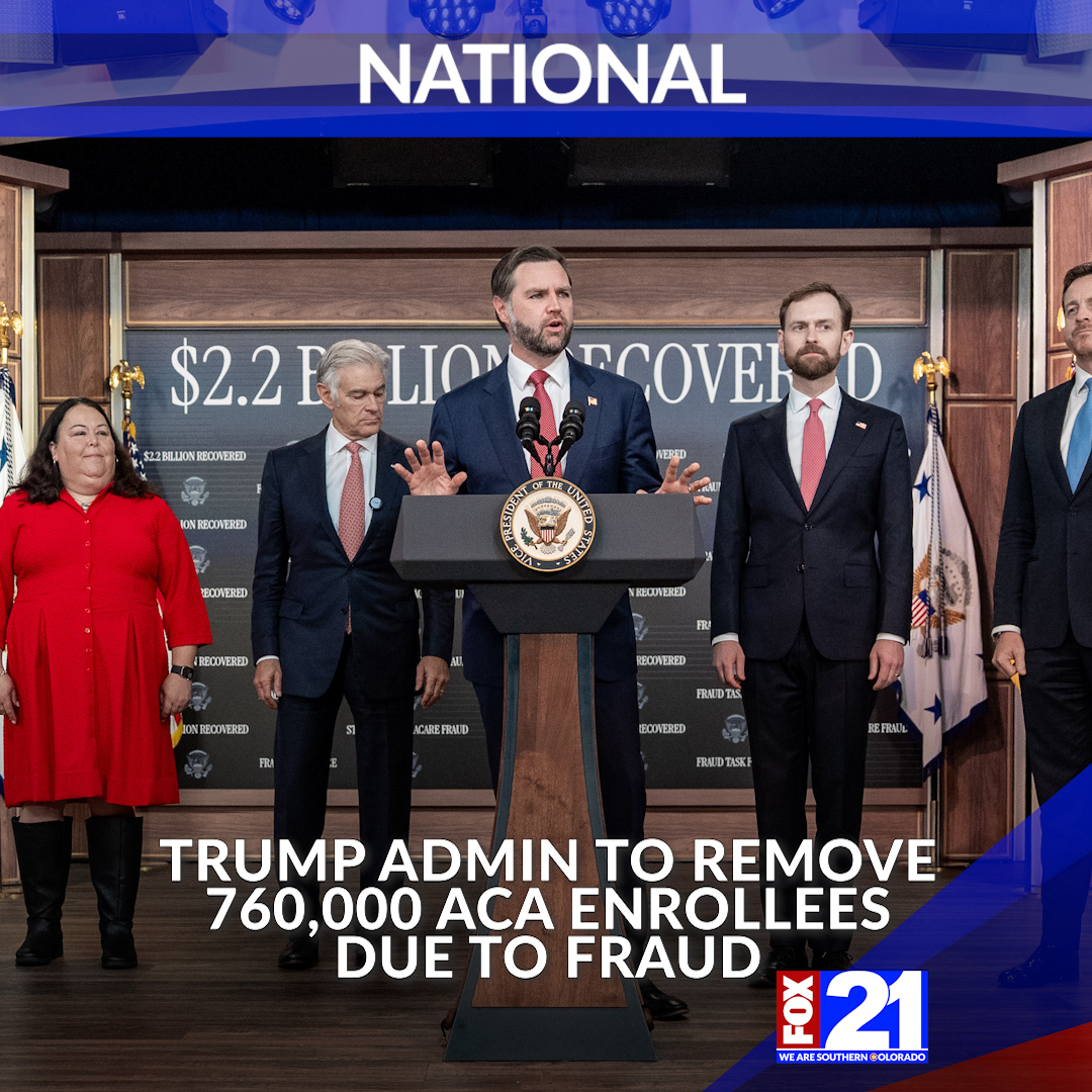 FOX21News's tweet photo. Vice President JD Vance and other Trump administration officials said Tuesday they plan to remove 760,000 Affordable Care Act enrollees from public healthcare exchanges, alleging that the individuals were fraudulently enrolled in the program or simply do not exist. https://t.co/J2oymQpbEe