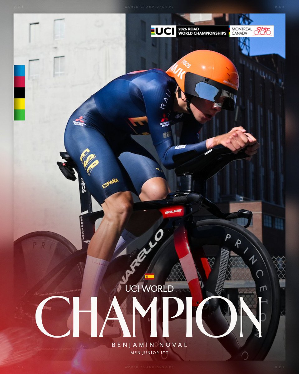 UCI_cycling's tweet photo. A day to remember for Benjamín Noval 🇪🇸🔥

The Spaniard takes the Men Junior ITT title at #Montréal2026🌈 https://t.co/I1ubQXSXPW