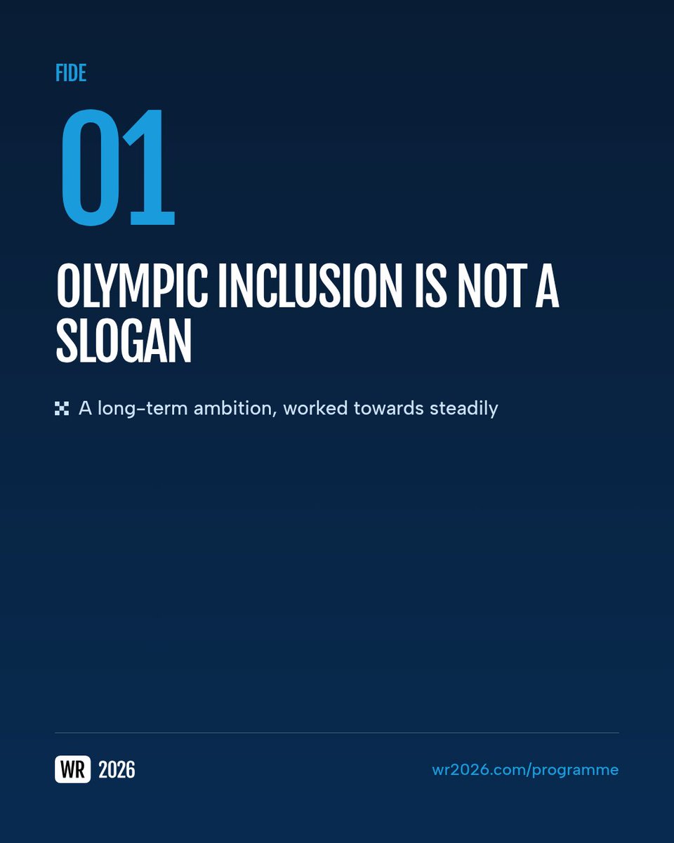 WR2026official's tweet photo. Chess has heard "we'll make it Olympic" before. And many times right before an election.

Real progress looks less exciting: years of steady work, stronger relationships inside the Olympic Movement, and a sport presented at a truly professional level.

That is exactly how the WR 2026 programme frames it. Olympic inclusion as a long-term ambition with a working plan behind it, not a slogan that comes out of the drawer every four years.

Slower to say. Far more likely to happen.