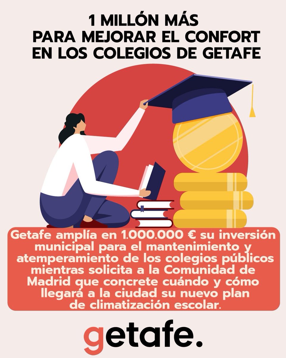 aytogetafe's tweet photo. 🏫 Getafe llevará al Pleno 1 M€ más para el mantenimiento y atemperamiento de los colegios públicos.

Además, solicita a la Comunidad de Madrid que concrete plazos, inversión y criterios de su nuevo plan de climatización escolar.

🔗 https://t.co/PXnq09TgQb https://t.co/u5Fo90sMZT