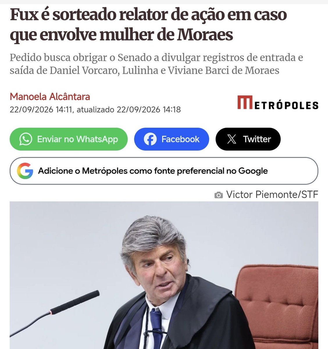 MiCosta614041's tweet photo. 💥 ATENÇÃO: Fux é o novo relator da ação no STF que exige do Senado os registros de entrada/saída de Viviane Barci de Moraes (mulher de Moraes), Lulinha e Daniel Vorcaro. A pressão por transparência em Brasília só aumenta!🇧🇷
#Fux #Moraes #Lulinha #Transparencia https://t.co/rs4UXcCKKN
