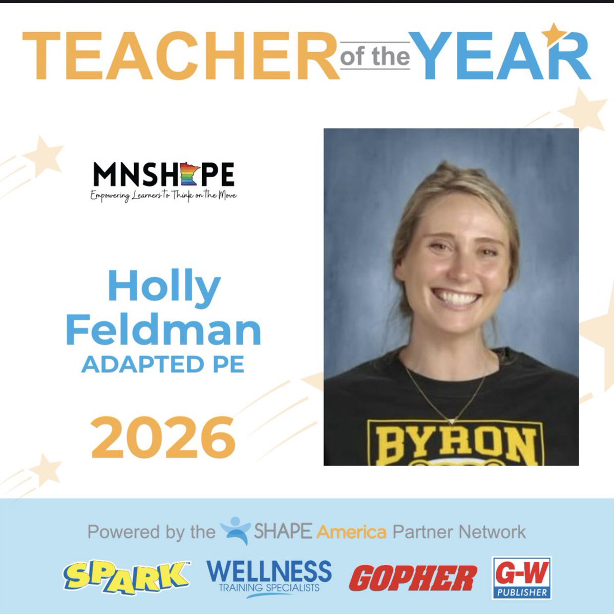 MNSHAPE's tweet photo. TOY announcement Tuesday! 

Congratulations to Holly Feldman from Byron Public Schools for being recognized as our 2026 Adapted Physical Education (DAPE) Teacher of the Year! 

Holly, and all of our 2026 awardees, will be officially recognized at #MNSHAPE26 https://t.co/RZ4PQT2NvP