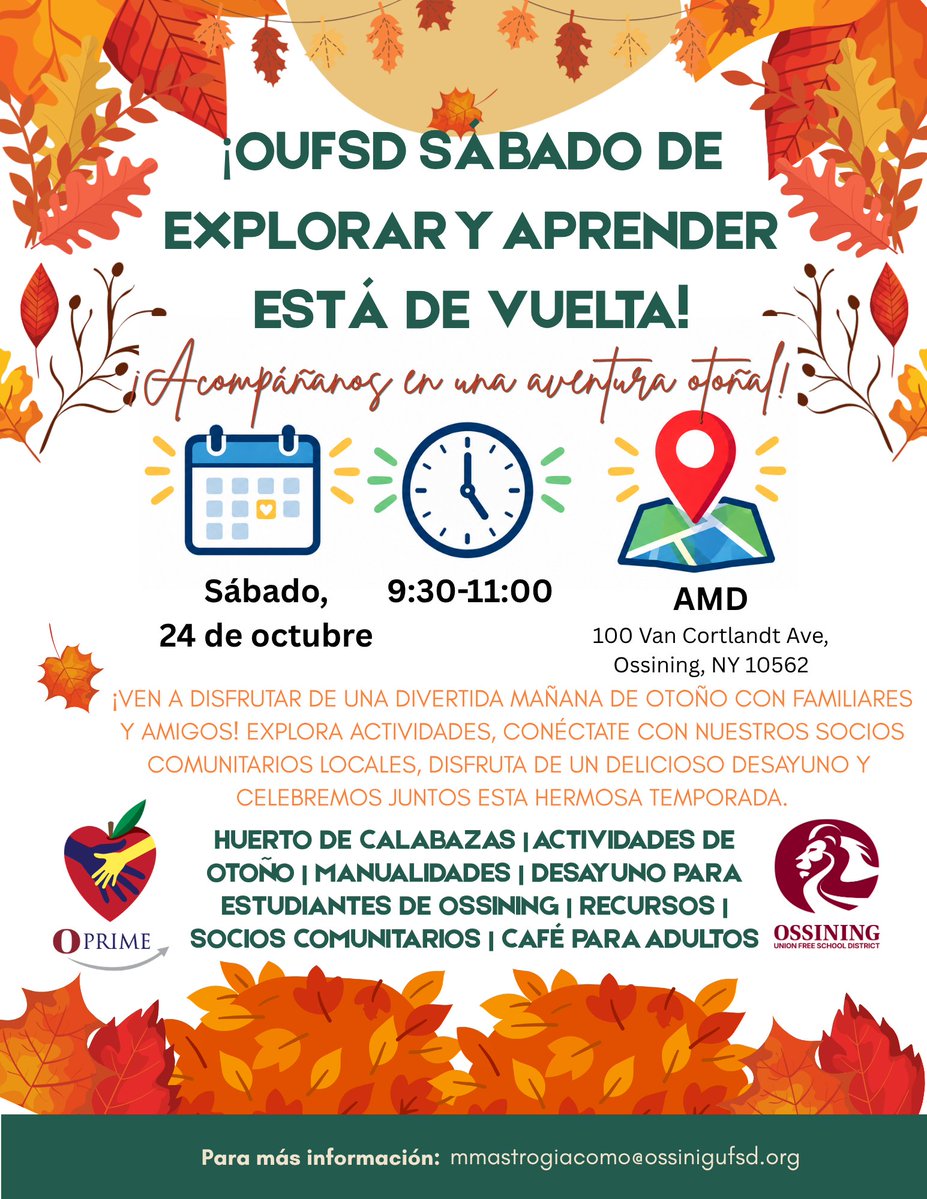 OssiningSchools's tweet photo. Join us for an autumn adventure on Saturday, October 24, from 9:30–11:00 AM at AMD! 🍁
Come explore, connect, and celebrate the season together! We hope to see you there! #opride
📍 AMD | 100 Van Cortlandt Ave., Ossining
📅 Saturday, October 24
⏰ 9:30–11:00 AM https://t.co/jv2hLMM58V