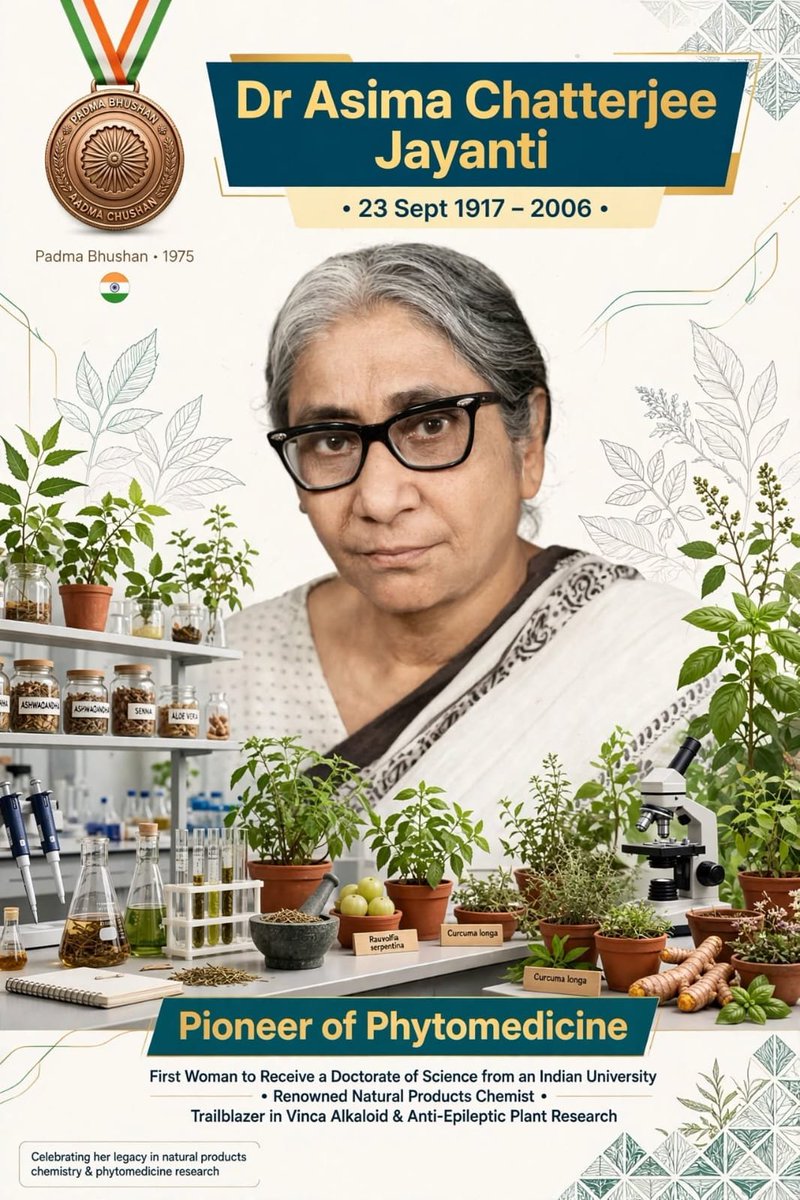 DattaSubi's tweet photo. *Heartfelt Tribute to Dr. Asima Chatterjee (23 Sep 1917 - 22 Nov 2006)*
First Lady of Indian Chemistry. First woman https://t.co/bIeCQJ6fDw. from Indian University (Calcutta Univ 1944). Born Kolkata, Scottish Church College. Research on *vinca alkaloids (cancer chemo), anti-epileptic drug Ayush-56 from Marsilea minuta & anti-malarial drugs*. First woman General President of Indian Science Congress, Padma Bhushan 1975, Shanti Swarup Bhatnagar 1961, Rajya Sabha nominated 1982-90. Proud Bengali icon.