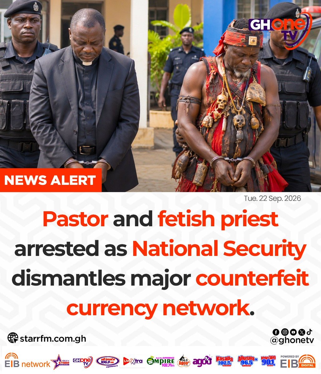 ghonetv's tweet photo. Pastor and fetish priest arrested as National Security dismantles major counterfeit currency network...

#EIBNetwork #GHOneTV
#GHOneNews #NewsAlert https://t.co/mX0brvzOM8