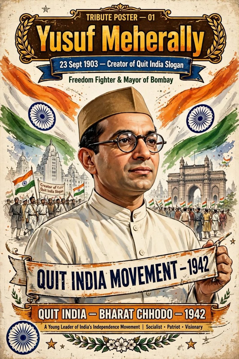 DattaSubi's tweet photo. *Heartfelt Tribute to Yusuf Meherally (23 Sep 1903 - 2 July 1950)*
Socialist freedom fighter, Mayor of Bombay (elected in 1942 WHILE in Yerawada Jail). Founder - Bombay Youth League, Congress Socialist Party, National Militia. *Coined two immortal slogans: ‘Simon Go Back’ (1928) & ‘Quit India’ (1942)* — Gandhi said ‘Amen’ to it. Close to JP Narayan & Lohia. Died young at the age of 47.