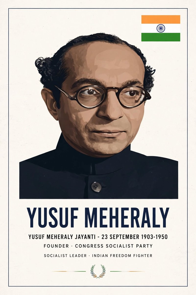 DattaSubi's tweet photo. *Heartfelt Tribute to Yusuf Meherally (23 Sep 1903 - 2 July 1950)*
Socialist freedom fighter, Mayor of Bombay (elected in 1942 WHILE in Yerawada Jail). Founder - Bombay Youth League, Congress Socialist Party, National Militia. *Coined two immortal slogans: ‘Simon Go Back’ (1928) & ‘Quit India’ (1942)* — Gandhi said ‘Amen’ to it. Close to JP Narayan & Lohia. Died young at the age of 47.