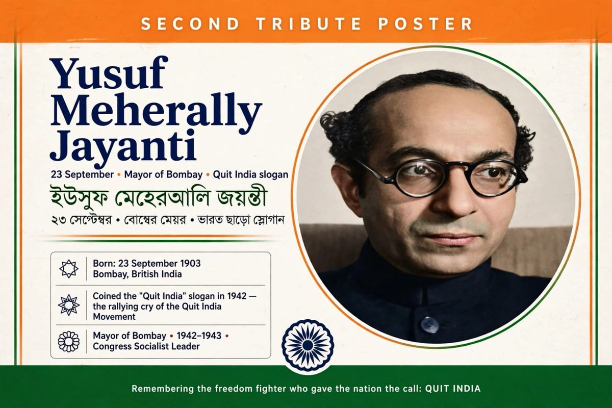 DattaSubi's tweet photo. *Heartfelt Tribute to Yusuf Meherally (23 Sep 1903 - 2 July 1950)*
Socialist freedom fighter, Mayor of Bombay (elected in 1942 WHILE in Yerawada Jail). Founder - Bombay Youth League, Congress Socialist Party, National Militia. *Coined two immortal slogans: ‘Simon Go Back’ (1928) & ‘Quit India’ (1942)* — Gandhi said ‘Amen’ to it. Close to JP Narayan & Lohia. Died young at the age of 47.