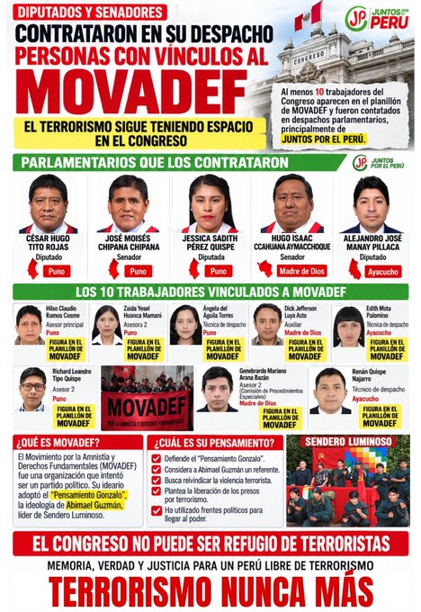 marita_molina4's tweet photo. ¡REPUDIO NACIONAL! El Congreso de la República no puede ni debe convertirse en refugio de personas vinculadas al terrorismo. La democracia y sus instituciones deben estar protegidas frente a quienes pretendan utilizarlas para defender o reivindicar el terrorismo. #FUERA
