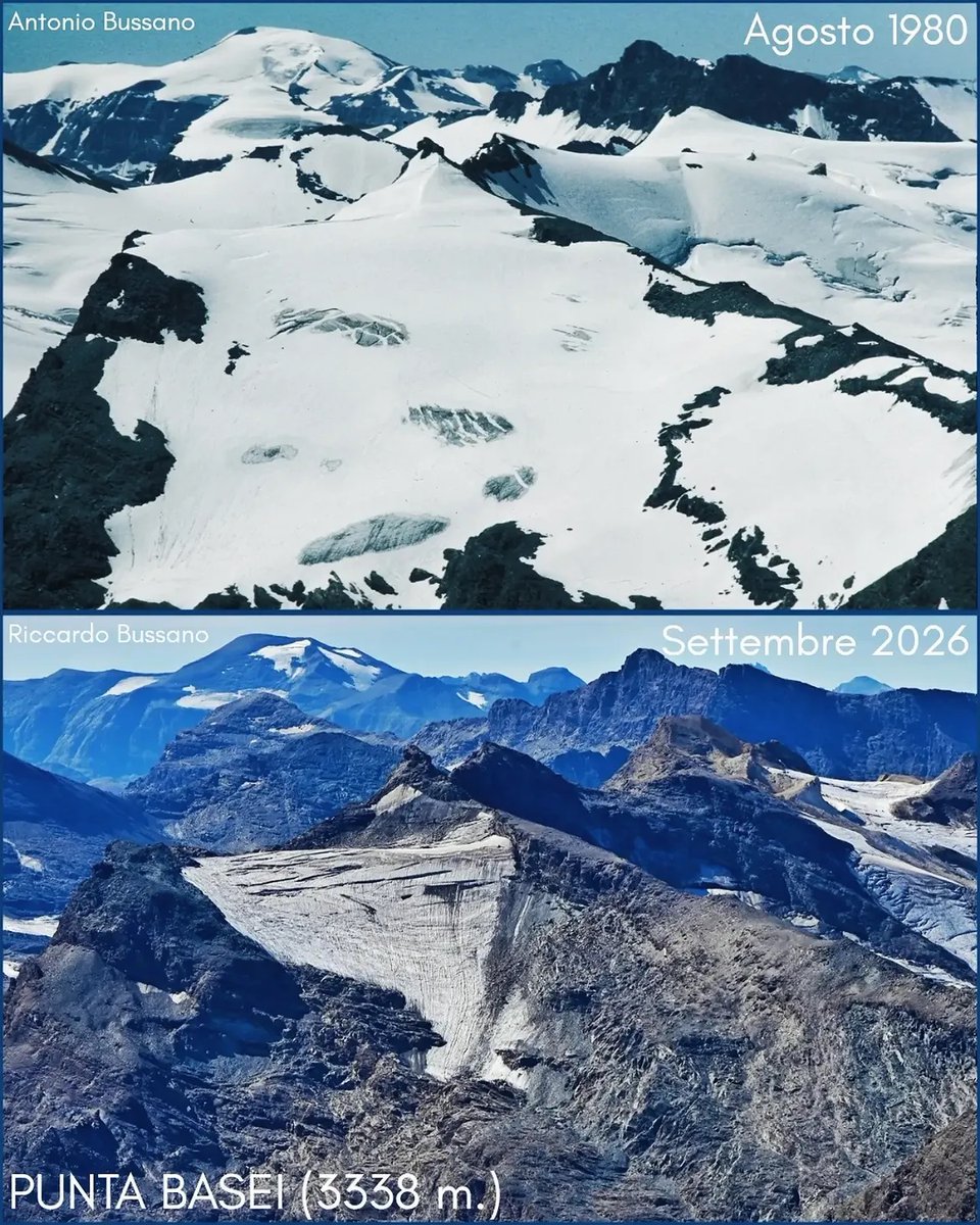 subfossilguy's tweet photo. Gran Paradiso 
Aug. 1980 | Sept. 2026  

Incredible repeat photography of the Gran Paradiso glaciers 46 years apart, showing the magnitude of man-made glacial collapse in the Alps - which will never be white again! 🧊🔥  

📷 Antonio and Riccardo Bussano 🙏 https://t.co/JT43dqSqXU