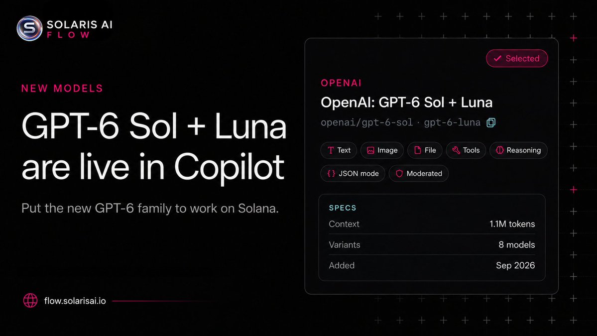 SolarisAI_fun's tweet photo. 🔥 GPT-6 Sol + Luna are live in Solaris AI Copilot.

Use Sol for heavier workflow builds, audits, and complex multi-step strategies.

Use Luna for faster, lower-cost runs, monitoring, routing, and high-frequency automation.

Live now at https://t.co/svoEubCa3x.

And our biggest update yet is next.