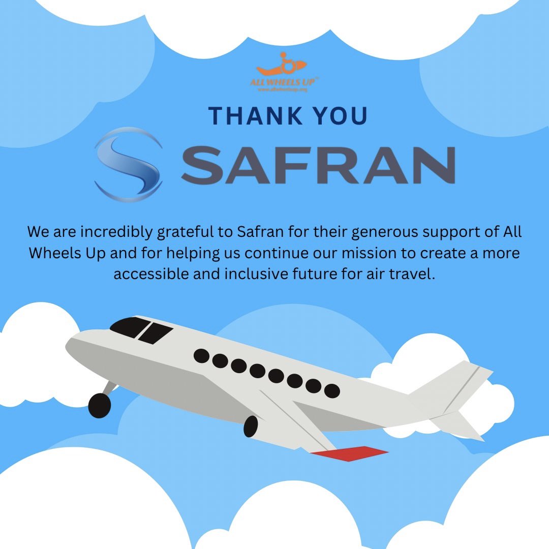 allwheelsup's tweet photo. We’re incredibly grateful to Safran for their continued support of All Wheels Up! As a global leader in aerospace, Safran plays an important role in shaping the future of aviation. Thank you for believing in our mission and supporting our work!

#AllWheelsUp #AccessibleAirTravel https://t.co/KbRFDV4ygy