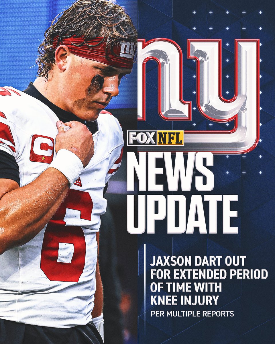 NFLonFOX's tweet photo. Jaxson Dart will be out for an extended period of time after sustaining a knee injury vs the Rams on Monday, potentially ending his season, per multiple reports. https://t.co/fUYwOW93yS