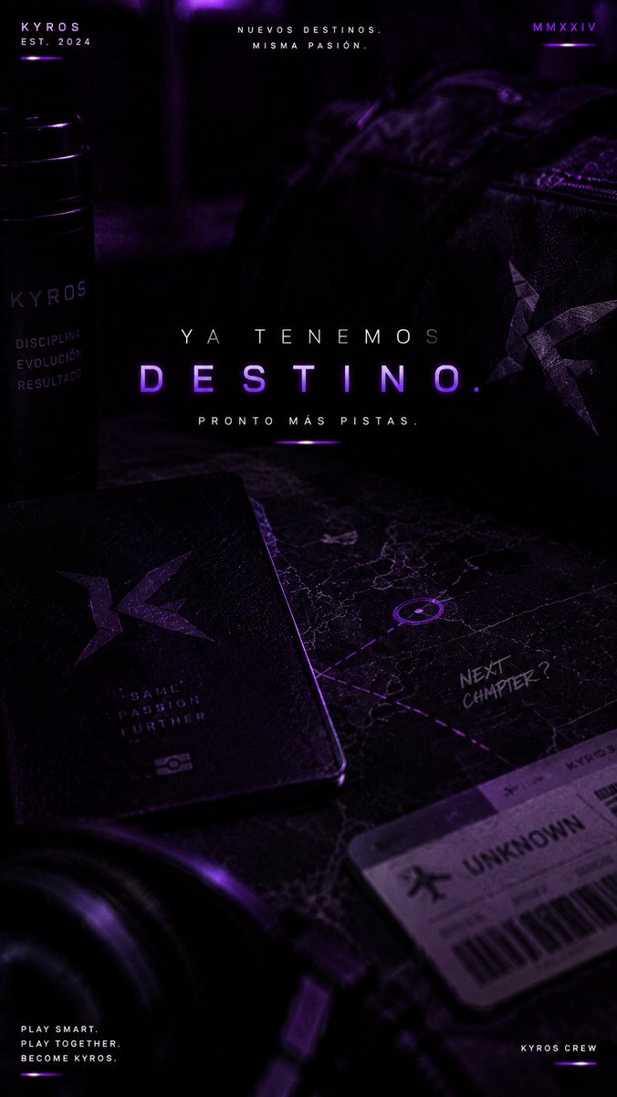KYROS_ESPORTS's tweet photo. YA TENEMOS DESTINO. 🟣
De momento, solo podemos decir una cosa:
PRONTO, MÁS PISTAS. 👀
El siguiente capítulo de KYROS empieza a tomar forma.
#KYROS #KYROSCREW #Esports https://t.co/fecsjKkBzA